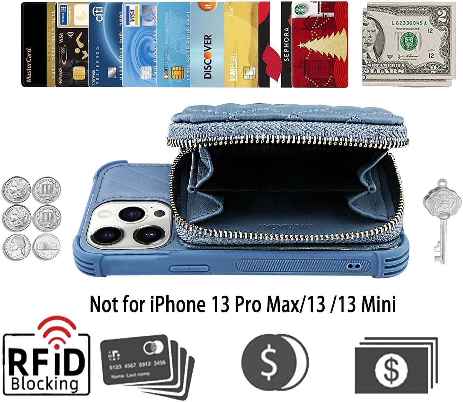 MONASAY Zipper Wallet Case Fit for iPhone 13 Pro,[Glass Screen Protector ][RFID Blocking] Flip Leather Handbag Phone Cover with Card Holder and Detachable Crossbody Lanyard Strap, Light Blue