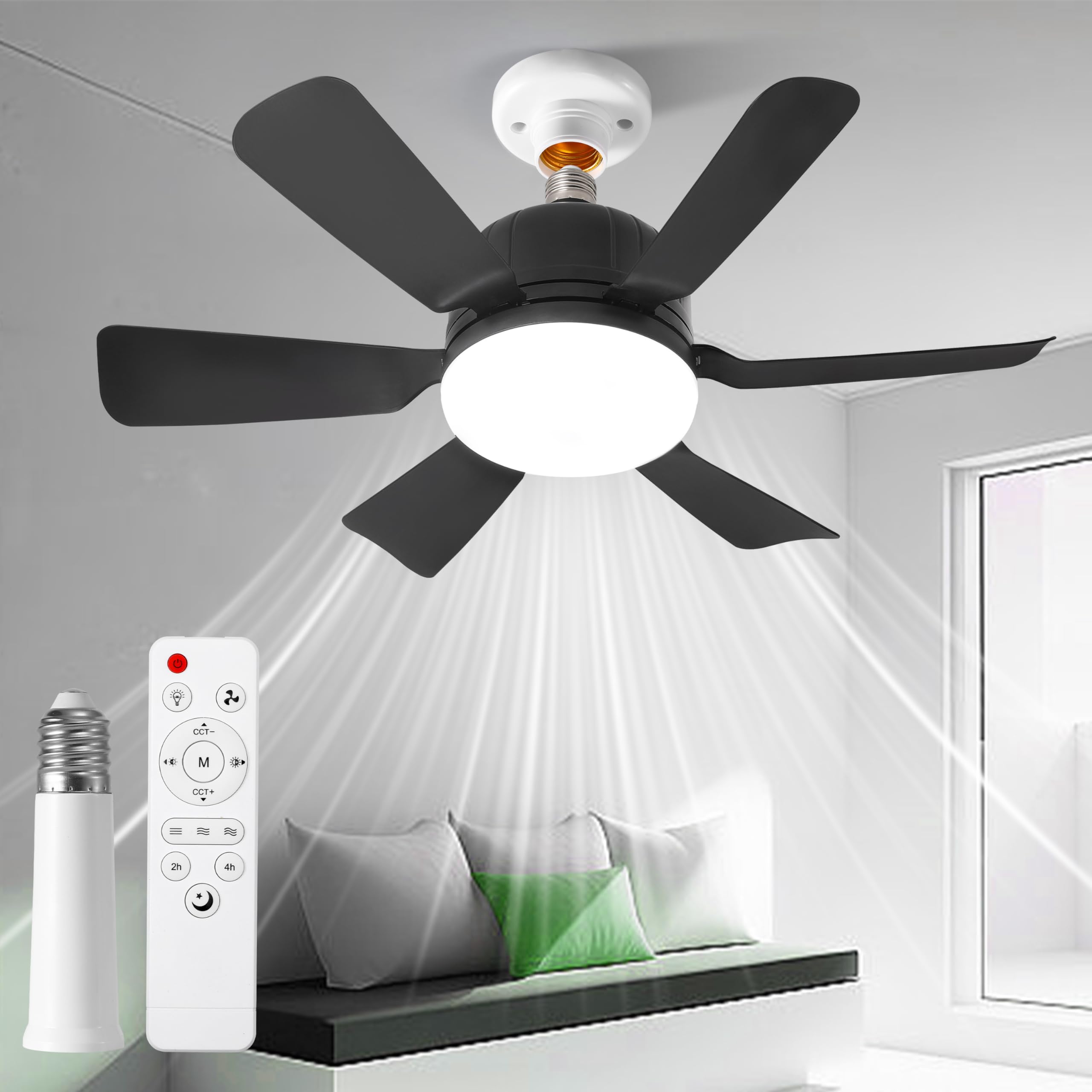 Hywyimlait Socket Fan Light with Remote, Portable Ceiling Fans with Lights for Bedroom, Kitchen, Living Room, 3 Color Stepless Dimming, Screws into