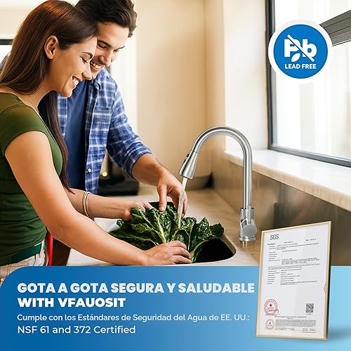 Miniatura 2 de VFAUOSIT - Grifo de cocina con rociador extraíble, grifo de fregadero de cocina sin plomo, níquel cepillado, acero inoxidable, moderno, arco alto