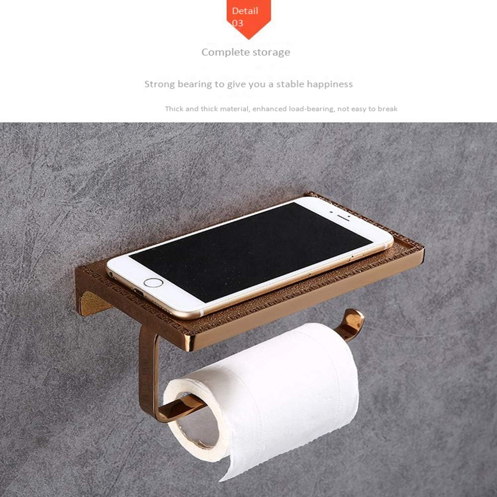 Toilet Paper Holder Wall Mounted Copper and Alloy Toilet Roll Holder with Mobile Phone Storage Rack Rose Gold for Bathroom Hotel