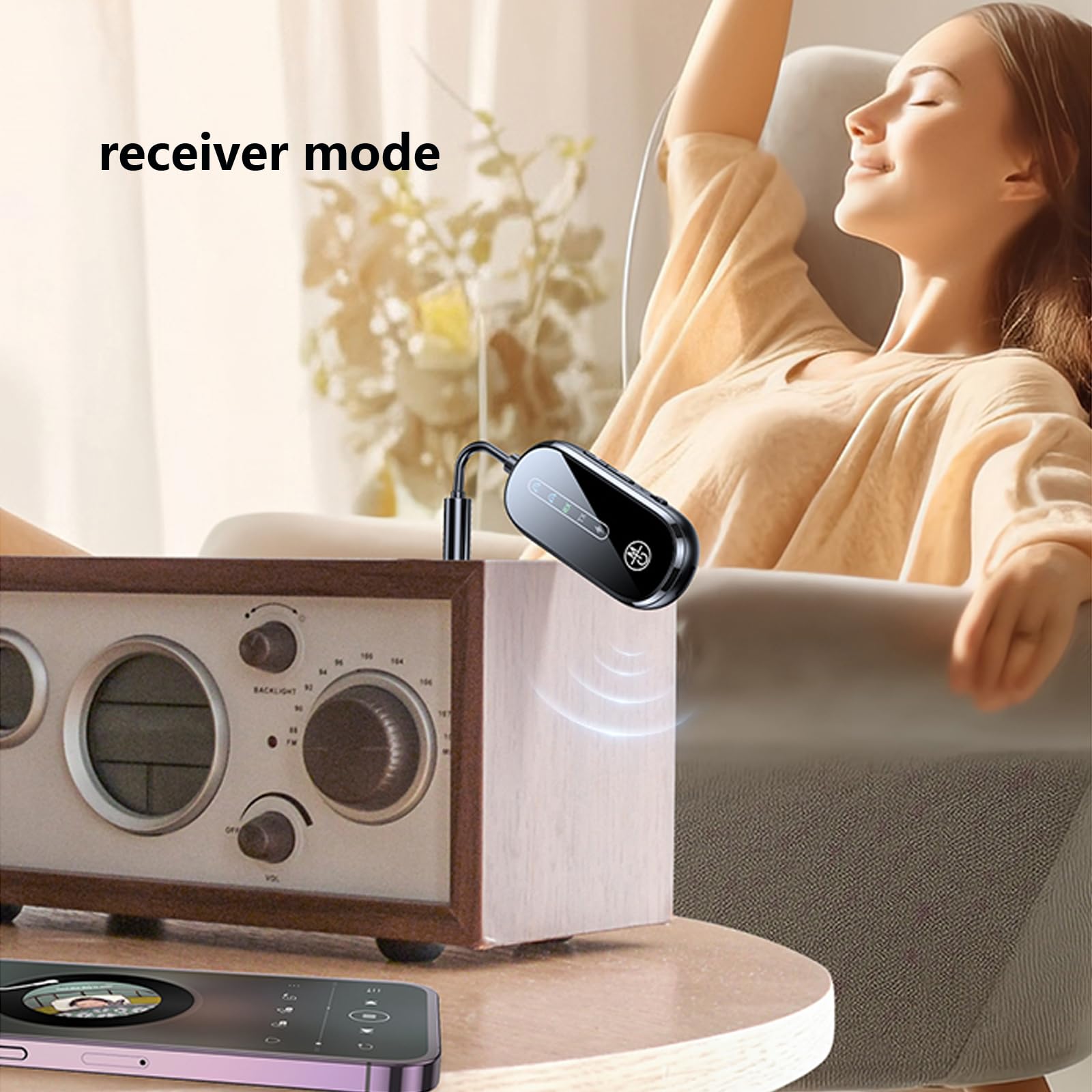 Transmisor Bluetooth 5.4 para avión, coche, TV, se conecta a 2 auriculares/altavoces Bluetooth, transmisor AUX inalámbrico, receptor 2 en 1, se conecta a 2 teléfonos celulares, color negro