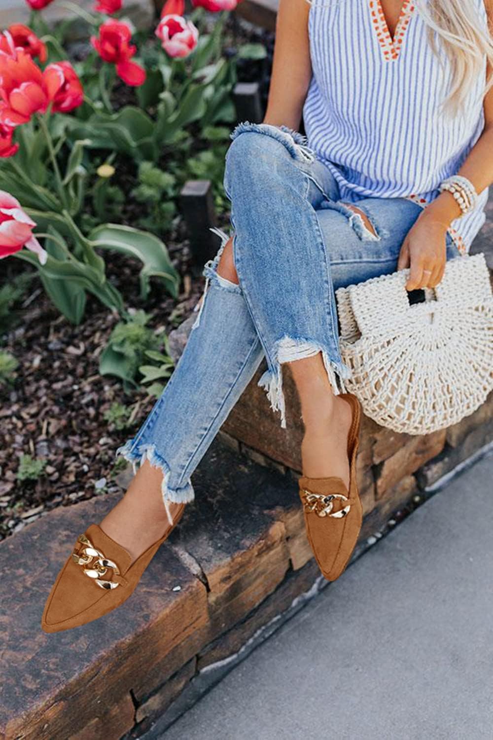 Juliet Holy Womens Mules Flats Pointed Toe Backless Loafers Slip on Metal Chain Slides - Image 2