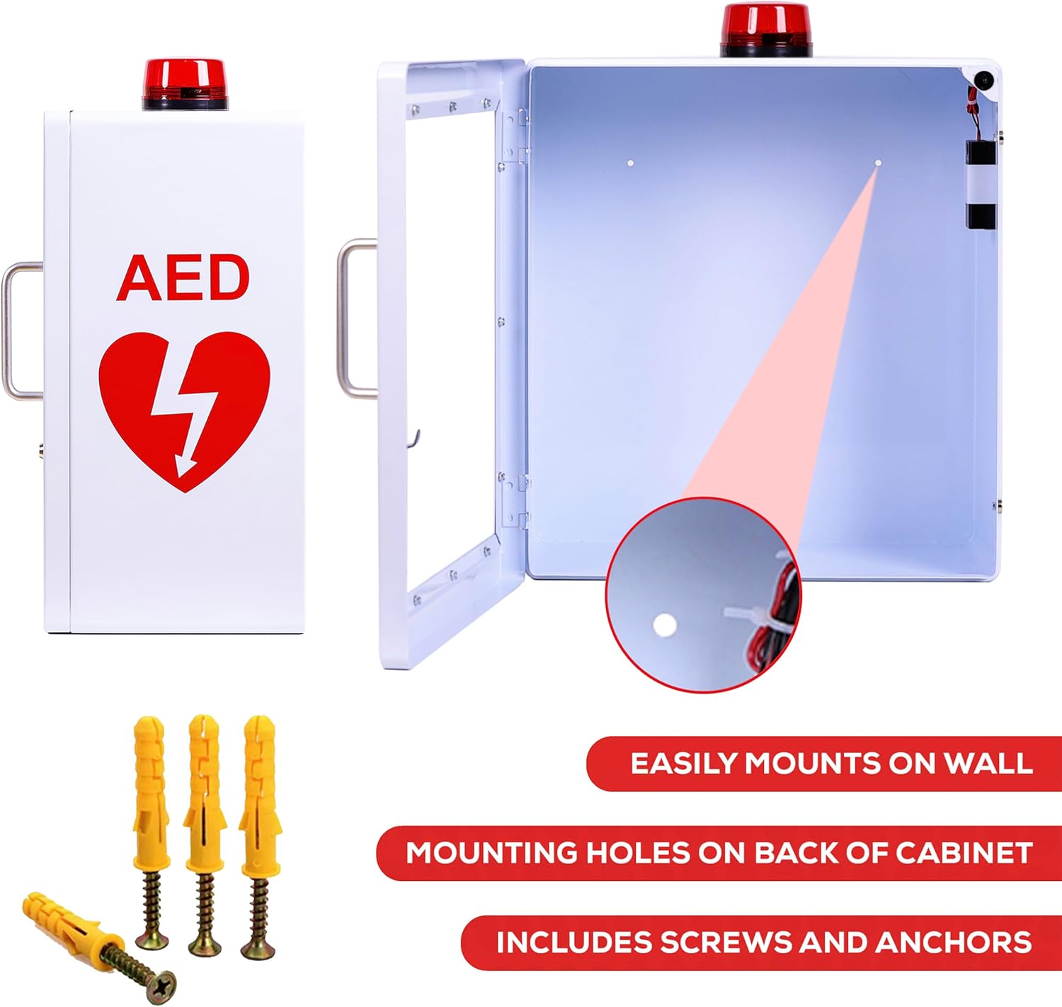 AED Defibrillator Wall Mount Cabinet | Optional Alarm & Lock | Durable Steel Frame | Fits Most Brands of AED's for Public Spaces or Home (White)(AED NOT Included)