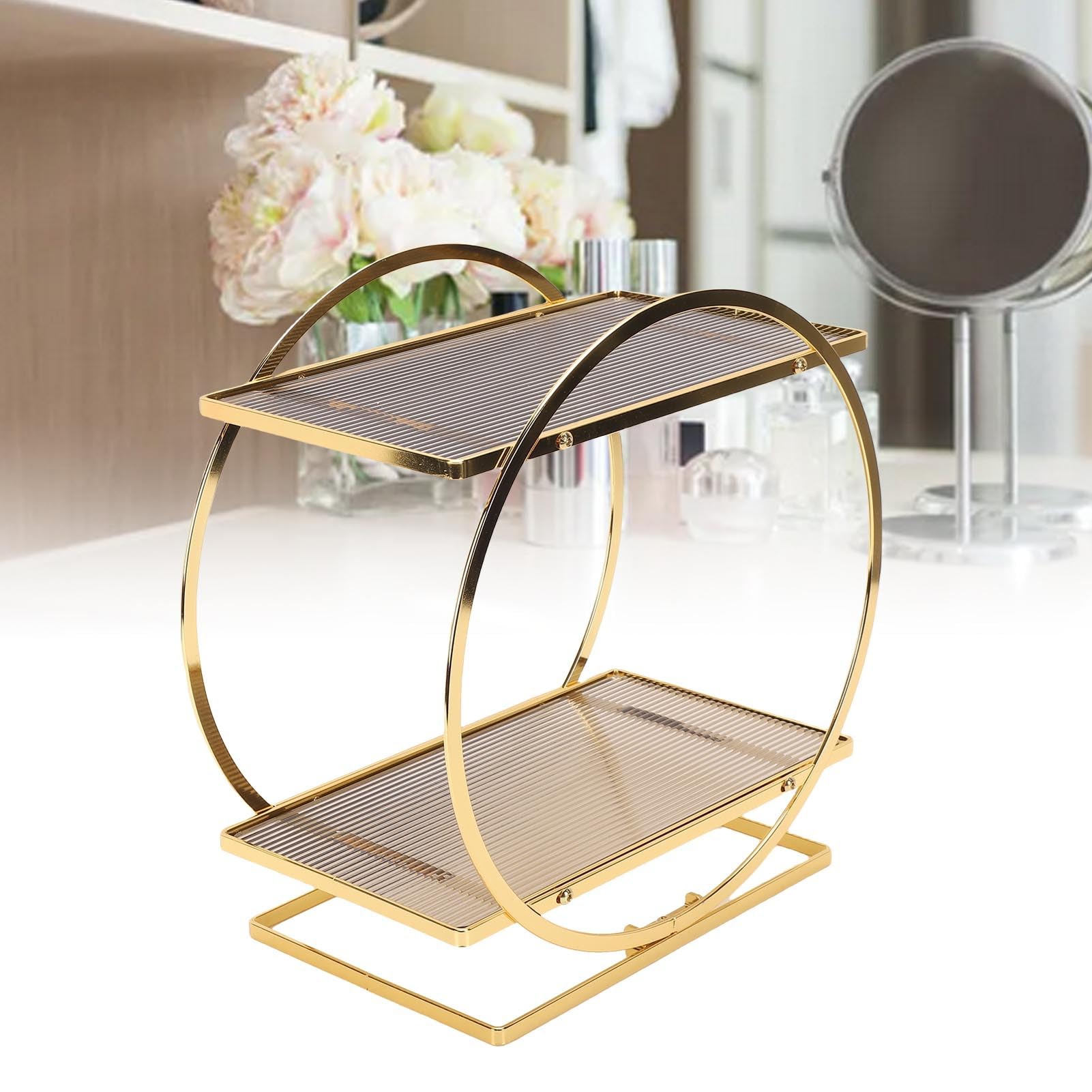 Parfüm-Organizer für die Kommode, 2-stöckiger Make-up-Organizer aus Goldenem Acryl mit Abgerundeten Kanten, Badezimmer-Theken-Organizer für Schlafzimmer, Kommode, Kosmetika und Pinsel