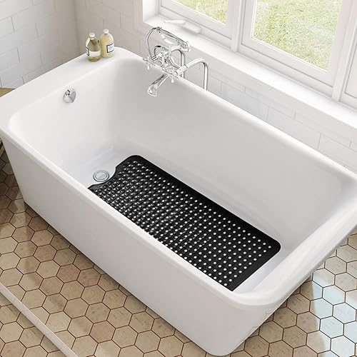 Miniatura 7 de Tapetes para bañera y ducha, extra larga, antideslizante, con ventosas y agujeros de drenaje para baño, lavables a máquina (negro)