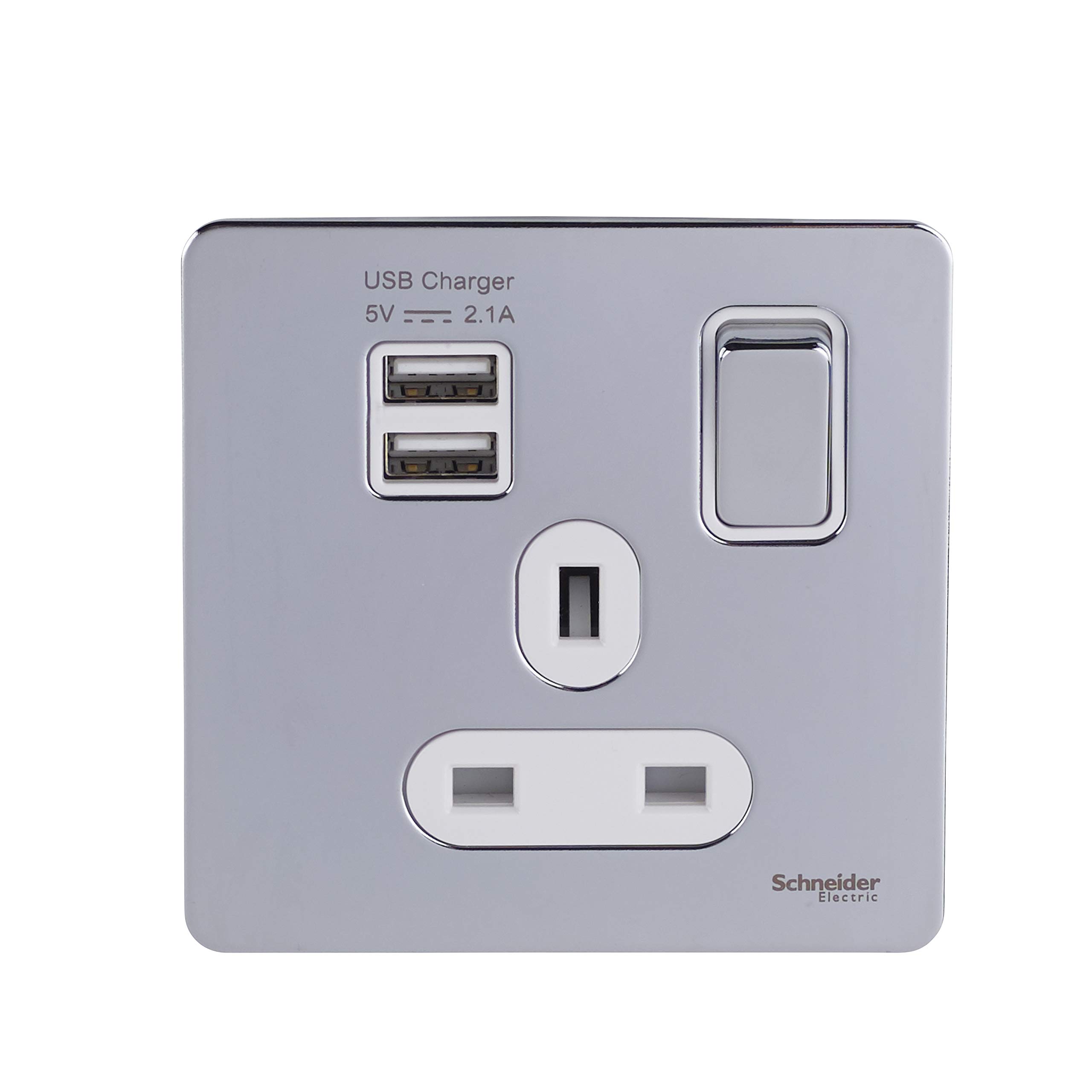 Schneider Electric Ultimate Screwless Flat Plate - Switched Single Power Socket with USB Charging Ports, Double Pole, 13A, GGBGU34102USBAWPC, Polished Chrome with White Insert, 1 Gang — image 1