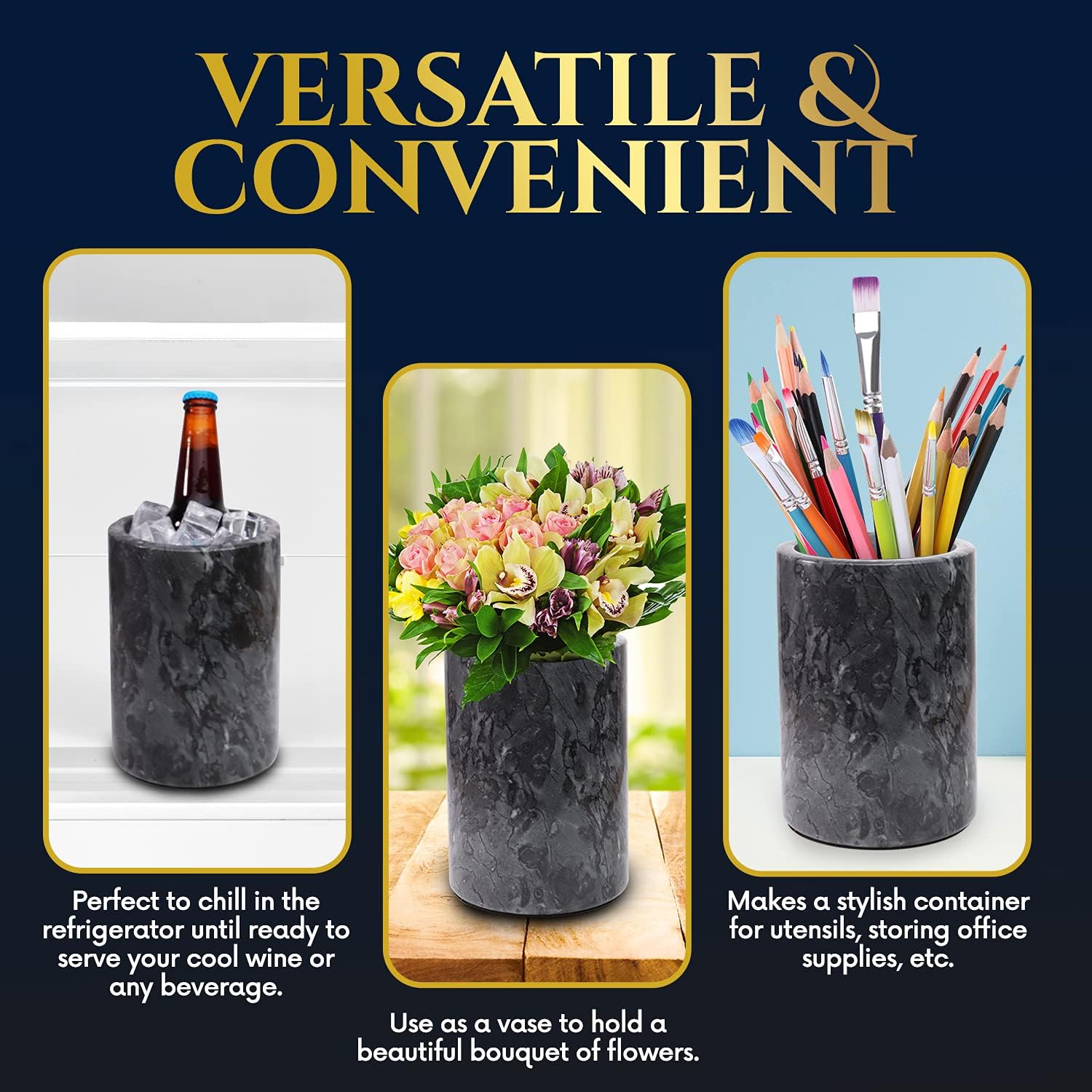 Homeries Marble Wine Chiller Bucket - Wine & Champagne Cooler for Parties, Dinner – Keep Wine & Beverages Cold, Wine Chillers for Bottles – Holds Any 750ml Bottle (Gray) - Image 7