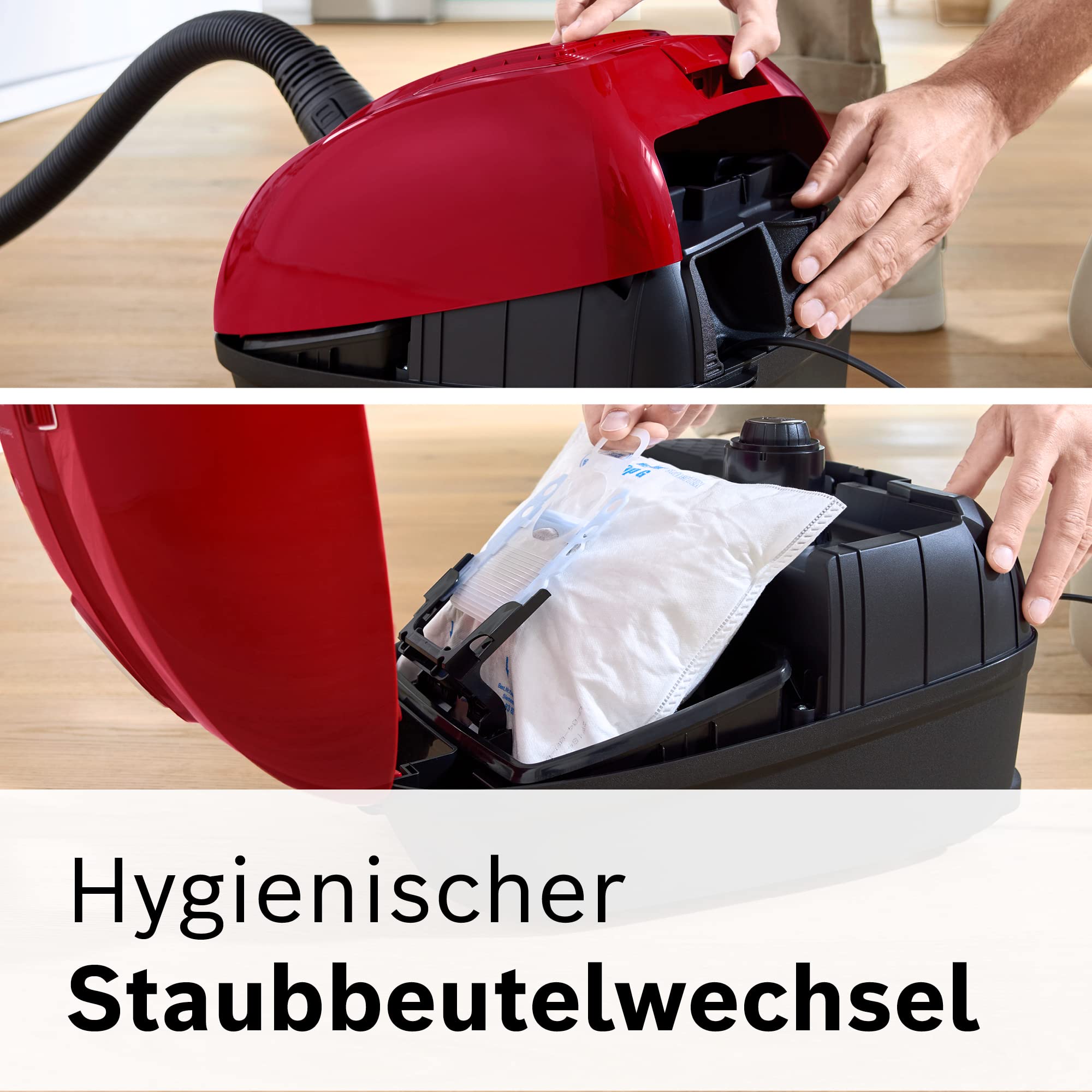 Bosch Odkurzacz z workiem serii 4 BGD38RD1H, trwały, higieniczny filtr, dysza do twardych podłóg, klips do akcesoriów, dysza do tapicerki, ssawka szczelinowa, wysoka siła ssąca, 600 W, czerwony