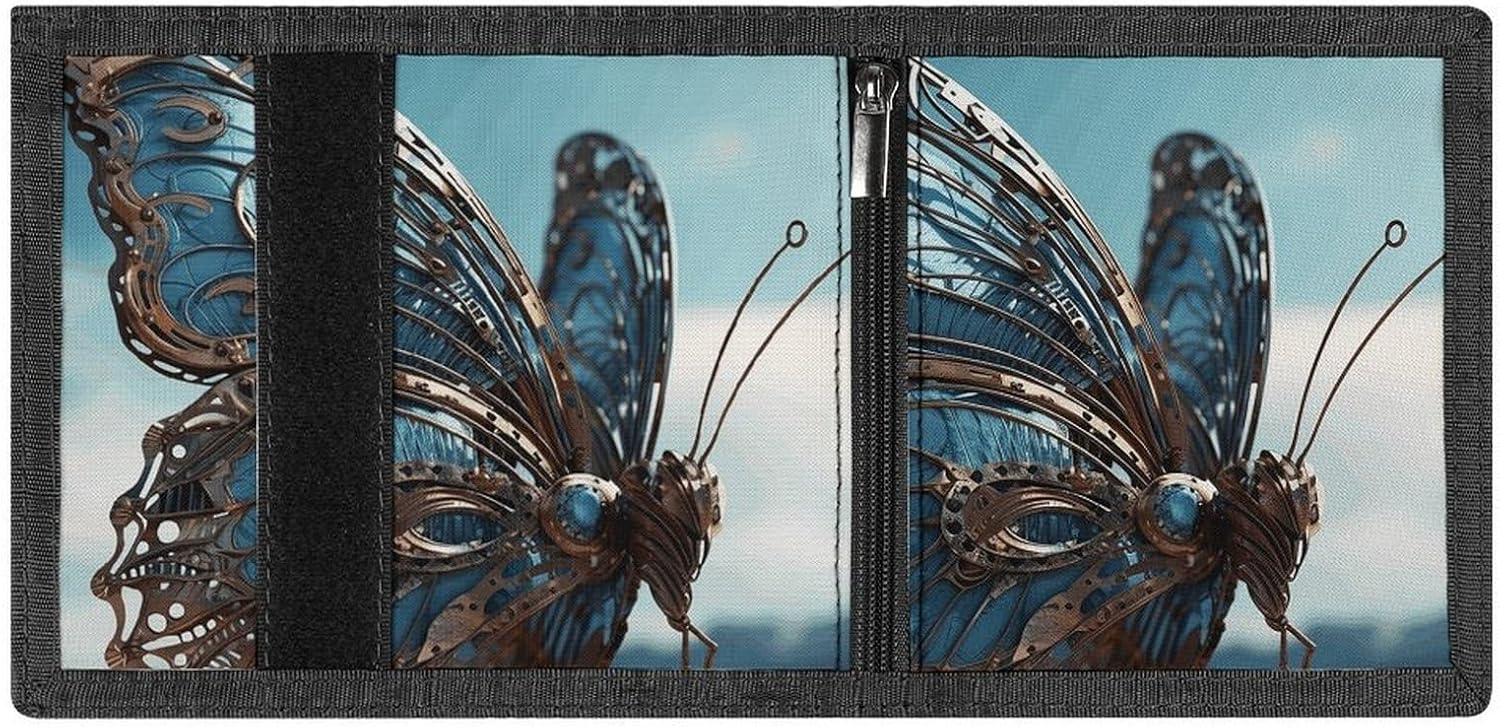 Trifold Canvas Wallet with Keychain, Modern Fashion Credit Card Holder Wallet for Men Women, Butterfly Sculpture Slim Wallets W/Zipper Coin Pocket, Novelty Birthday Gift