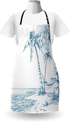 Miniatura 2 de Ambesonne Delantal de playa, ilustración moderna de palmeras de arena tropical y hamaca hawaiana, babero de cocina unisex con cuello ajustable para