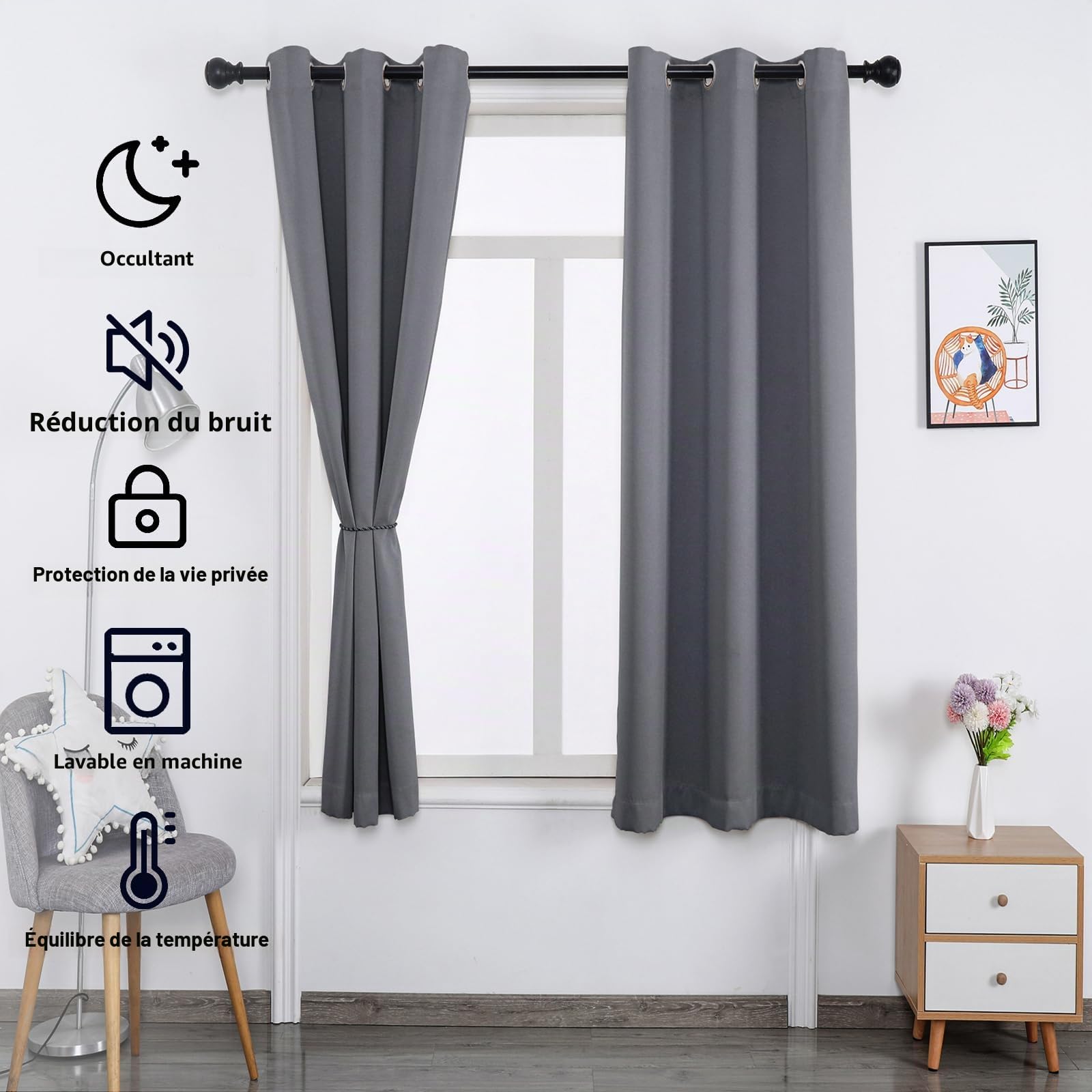 Rideau Occultant à Œillets - Isolant Thermique, 160x200cm (LxH) - Opaque, Phonique pour Chambre, Salon, Balcon - Gris Foncé