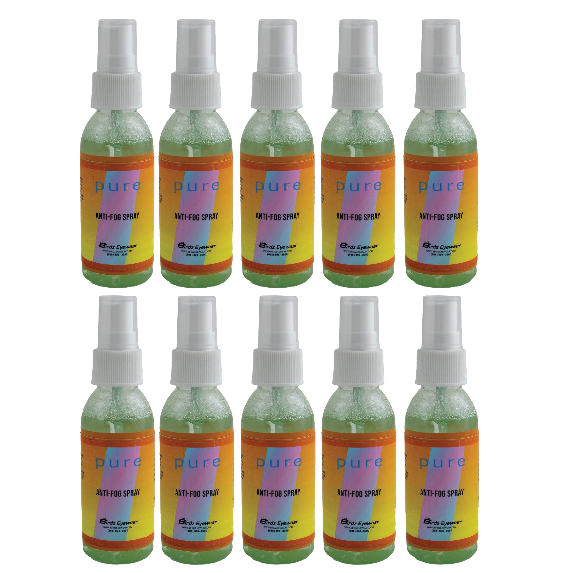 Ten 2oz Bottles of Birdz Eyewear Anti Fog Spray & Defogger for Glasses Goggles Swimming Paintball and Diving Accessories - Safe on All Lenses