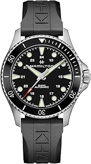 Khaki Navy Automatic Men's Watch, 43mm Stainless Steel Case, Swiss Made, Black Dial Analog Wrist Watch for Men, 300m Waterproof, Sapphire Crystal, Rubber Strap