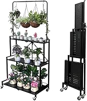 Lumizone Foldable 4-Tier Plant Stand with Wheels - No Assembly Indoor Outdoor Hanging Shelf, Sturdy Anti-Tip Black Storage Rack