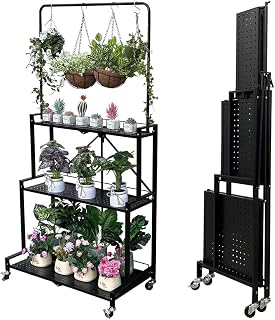 Lumizone Foldable 4-Tier Plant Stand with Wheels - No Assembly Indoor Outdoor Hanging Shelf, Sturdy Anti-Tip Black Storage Rack