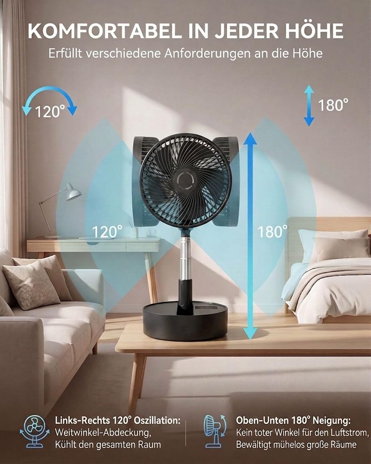 Leise 8" Tragbarer Standventilator mit Fernbedienung, 8000mAh Akku Aufladbar USB C Tischventilator, 5 Geschwindigkeitsstufen, 90°/120°-Oszillation, 1–8-Stunden-Timer, für Schlafzimmer(Schwarz)