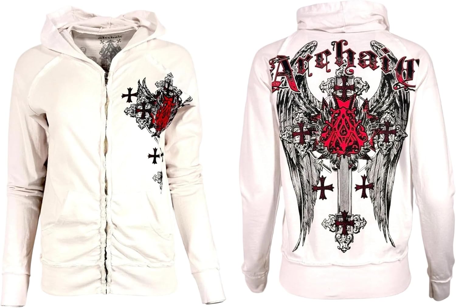 Xtreme Couture by Affliction Women's Zip Up Hoodie Love Hate, Red with Winged Cross and Rose Graphics