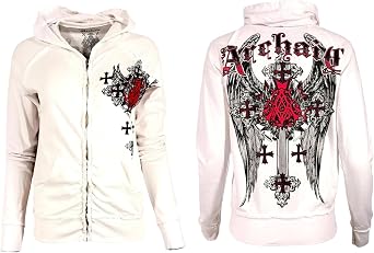 Xtreme Couture by Affliction Womens Zip Up Hoodie Love Hate, Red with Winged Cross and Rose Graphics