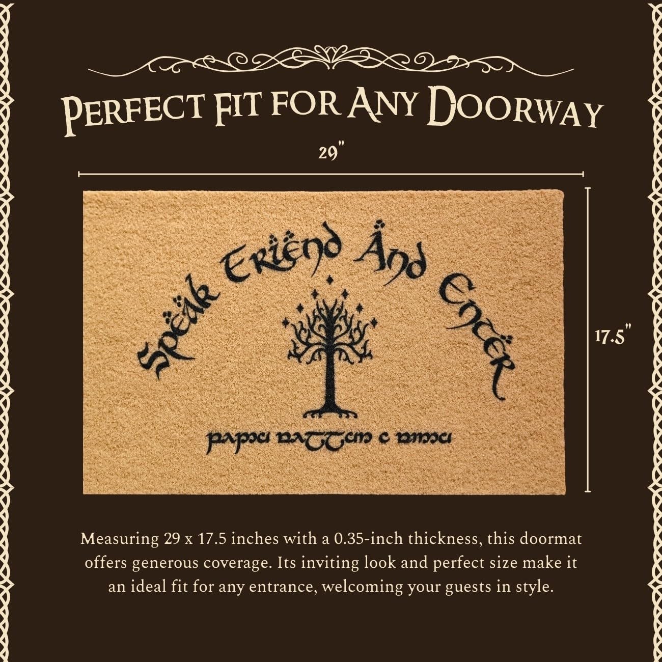 SAIONJI Speak Friend and Enter Doormat, Faux Coir, 29 x 17.5 Inches, Elvish Script, Waterproof, Non-Slip Door Mat