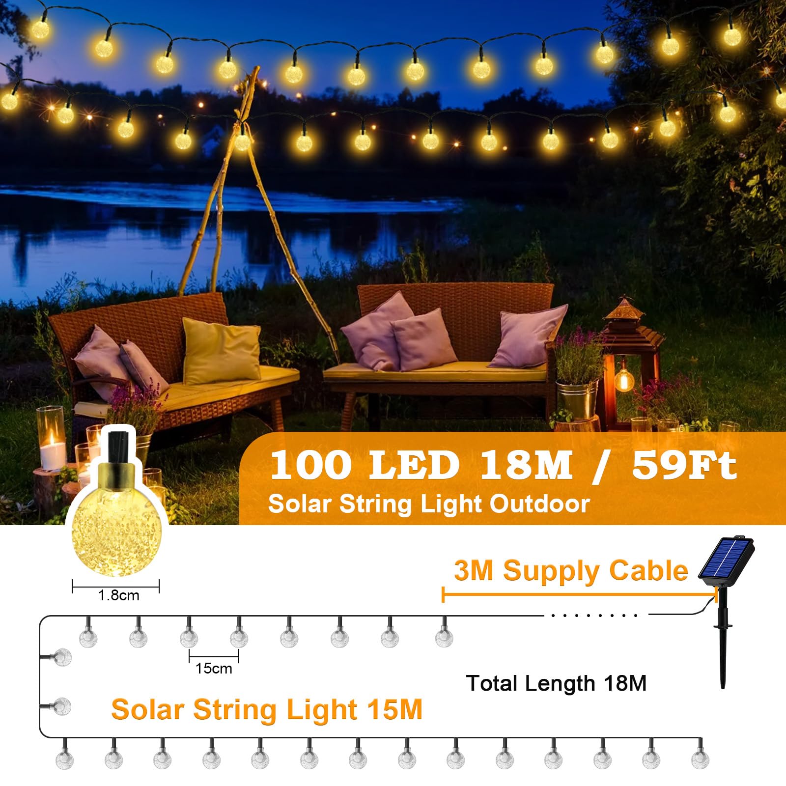 Realky Guirnaldas Luces Exterior Solar, 100 LED 18M Guirnalda Luces Solares con Función de Memoria, 8 Modos IP65 Impermeable Cadena de Luz Solar para Jardín, Patio, Navidad, Fiesta - Blanco Cálido