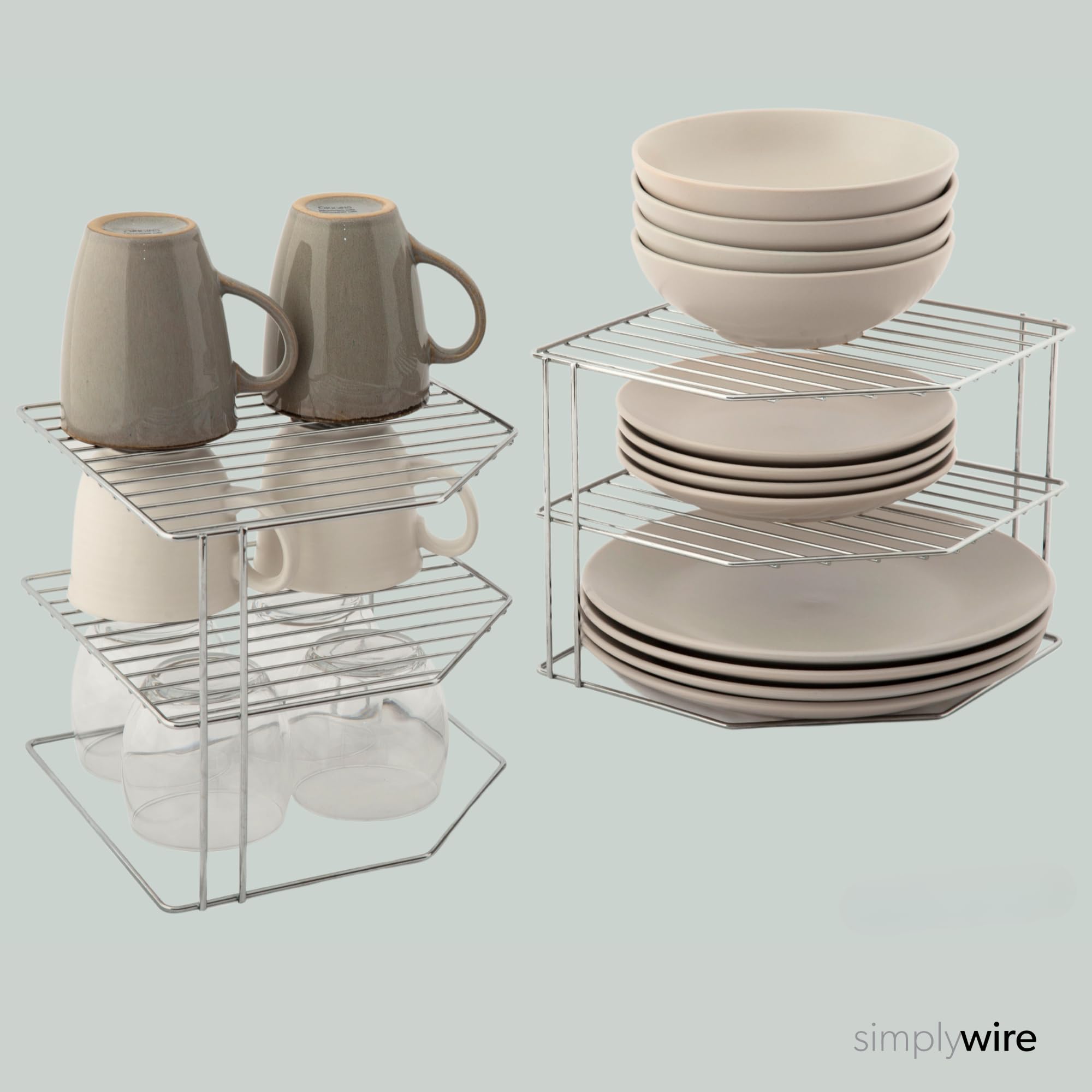 simplywire – Soportes para vajilla de 3 Niveles – Paquete de 2 Organizadores de Armarios de Cocina – Acero Recubierto de Cromo