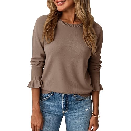 Saodimallsu Womens Fall Crew Neck Sweaters Ruffle Long Sleeve Lightweight Soft Knit Casual Pullover Top