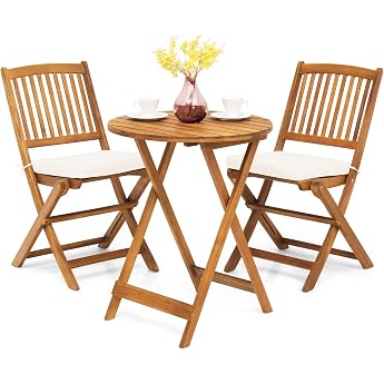 GIANTEX Balcony Furniture Small Balcony, Round Bistro Table with 2 Chairs Foldable, Garden Furniture Set Wood 3 Pieces, Balco