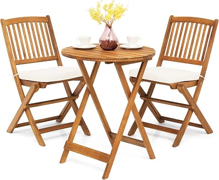 GIANTEX Balcony Furniture Small Balcony Round Bistro Table with 2 Chairs Foldable Garden Furniture Set Wood 3 Pieces Balcony Set Bistro Set Outdoor Patio Furniture 2 People Garden Furniture Set with Cushions