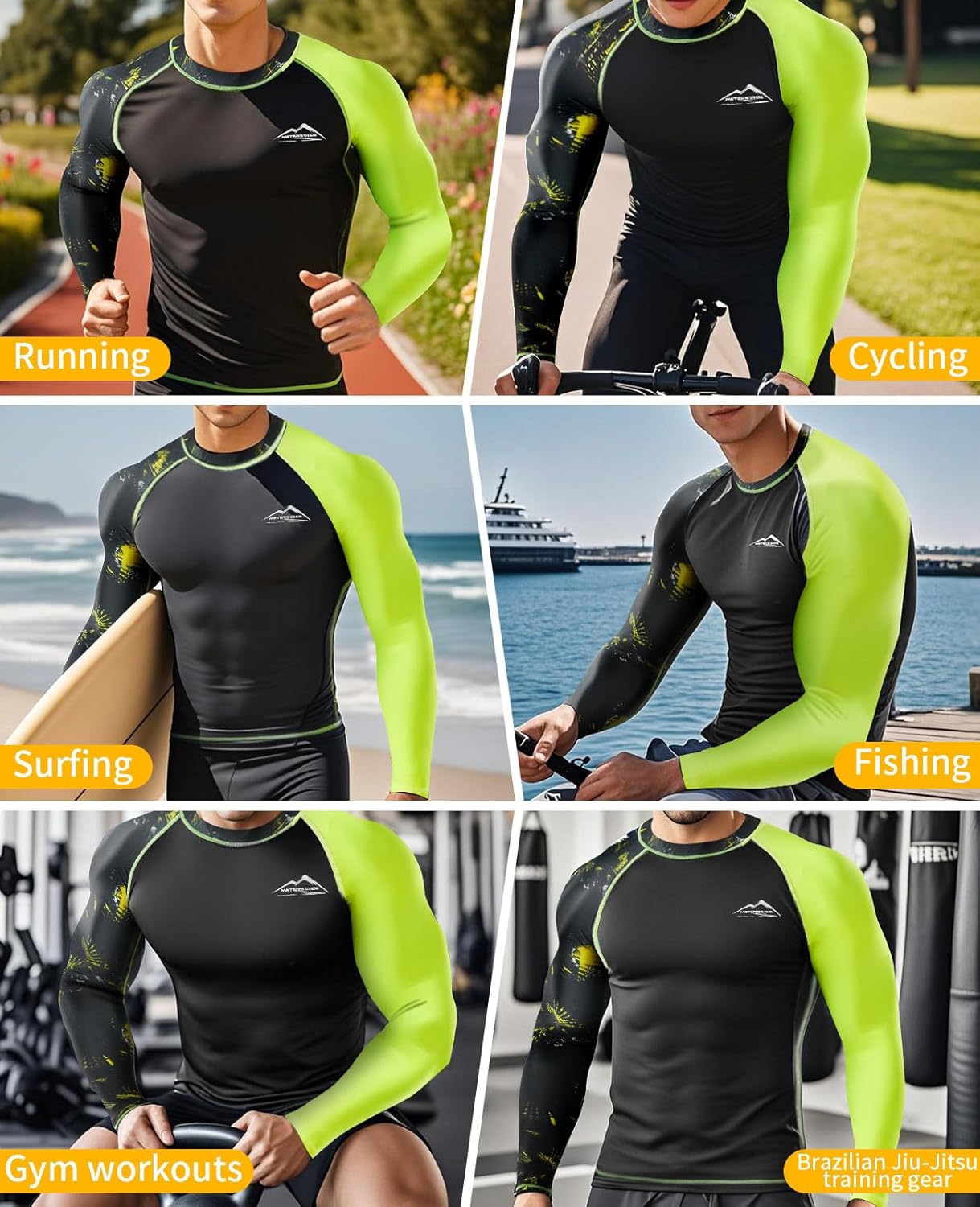 Men's Rash Guard Swim Shirts, UPF 50+ Long Sleeve Compression Shirt Baselayer Skins for Jiu Jitsu BJJ - Image 2
