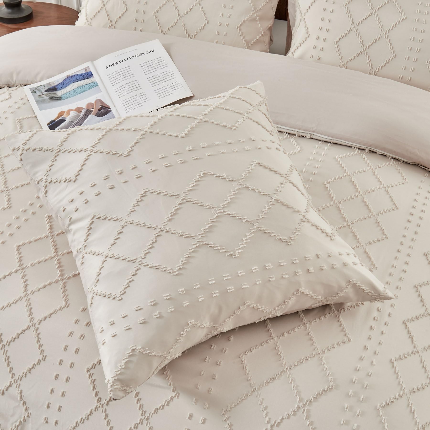 Housse de Couette 220x240 Bohème Beige Tuftée Parure de Lit Bohème Style Géométrique Grille Carrée Linge de Lit 2 Personne Adulte avec Fermeture Éclair avec Taies d'oreiller 65x65 cm