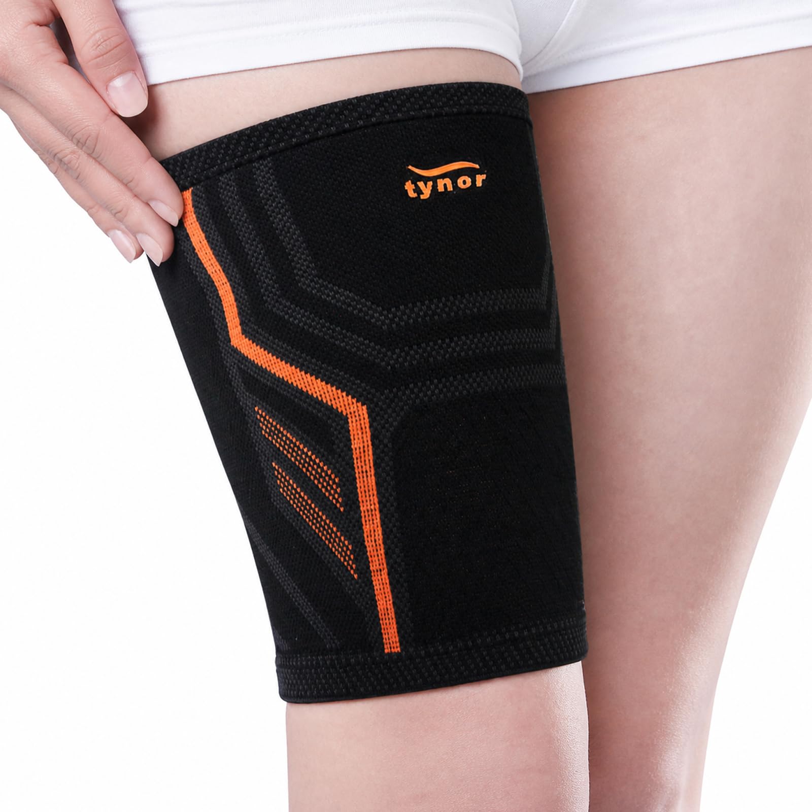 TYNOR Thigh Support Air Pro, for Injury Recovery | Adjustable Compression, Breathable Support Brace for Gym, Sports & Workout | Thigh Pain Relief & Muscle Strain | Pack of 1 (Black & Orange - XL)-image-23