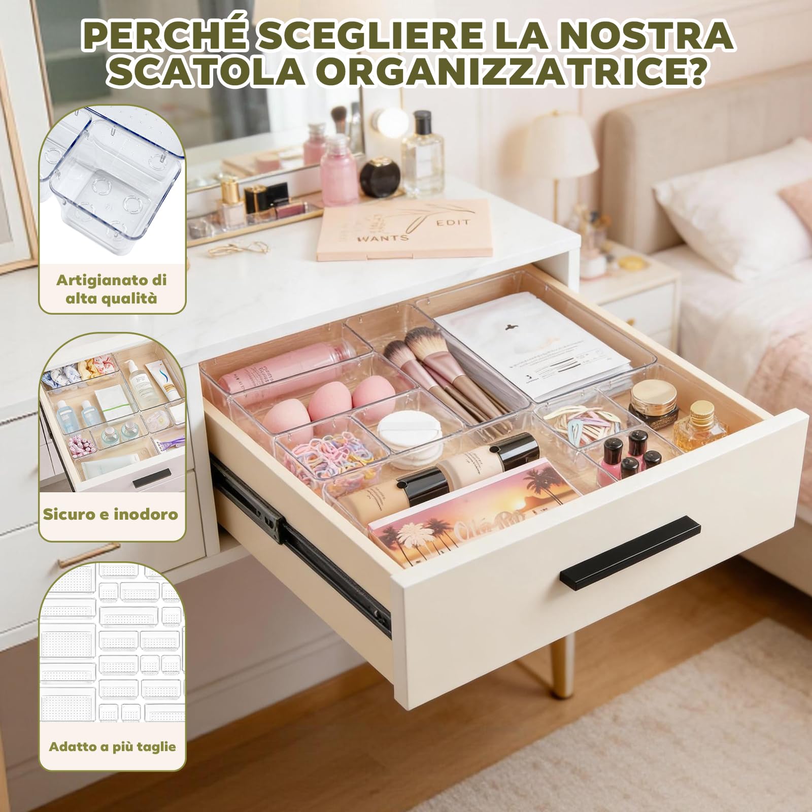Set da 44 Scatole Organizzatrici per Cassetti, 4 Misure con Punti Antiscivolo, Organizer Impilabile Trasparente per Trucchi, Cucina, Bagno e Ufficio