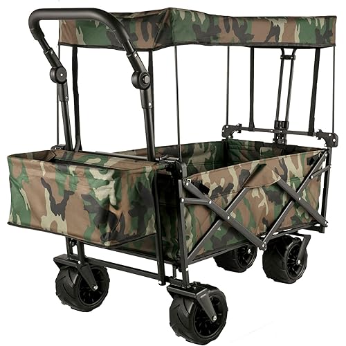 Vevor Collapsible Folding Wagon with Removable Canopy, Heavy Duty Foldable Utility Cart for Garden, Camping, Grocery, Beach with Wheels and Rear Storage, Camouflage