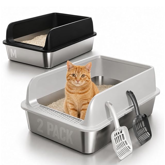Juego de 2 Cajas de Arena para Gatos de Acero Inoxidable, 50 x 35 x 20 cm, con Borde Alto