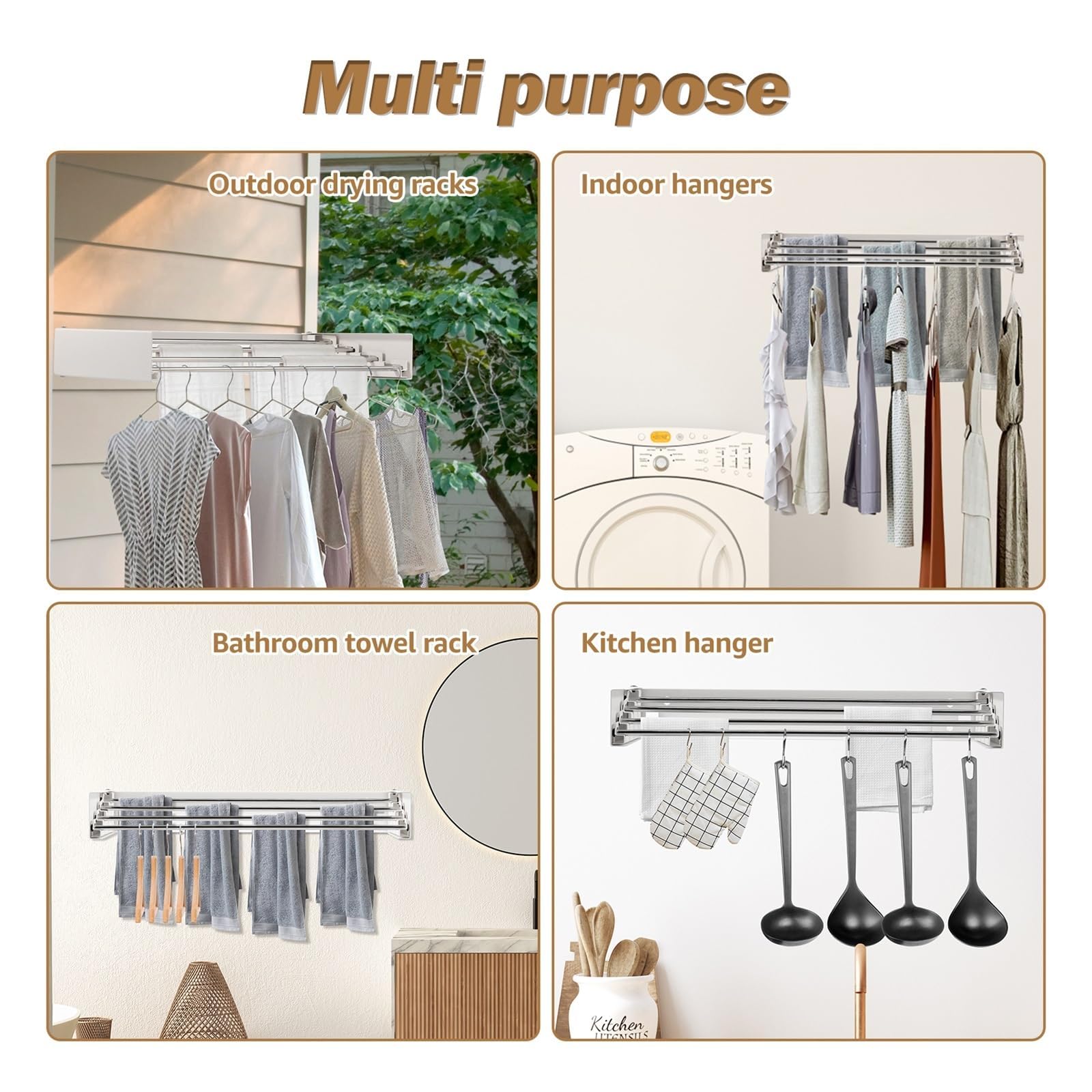 Wäscheständer Wandmontage, 50CM 4-Stange, Platzsparend, Robust, Ausziehbar, Faltbar, für Indoor & Outdoor, Balkon