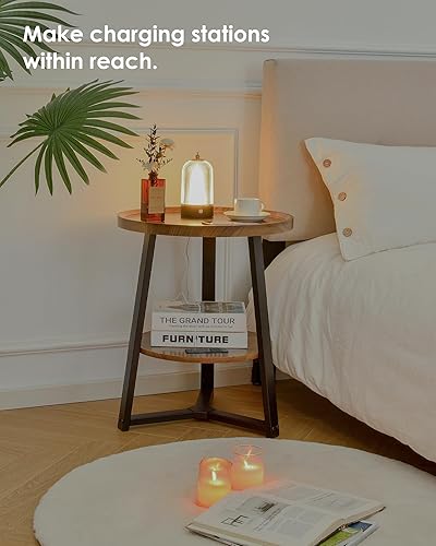 Miniatura 5 de KJGKK Mesa auxiliar redonda con estación de carga, 19.7 pulgadas de diámetro x 23.63 pulgadas de alto, mesa auxiliar con estante de almacenamiento,