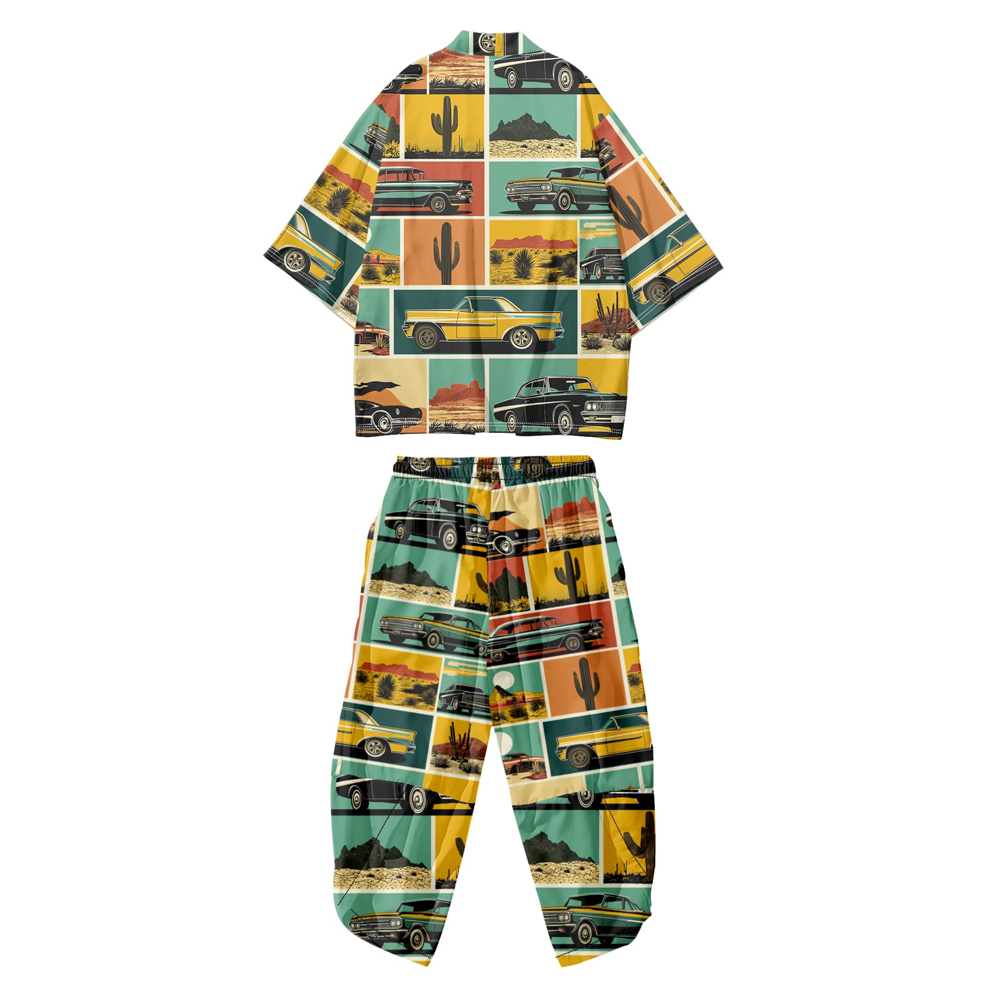 Mens Kimono Set Japanese Kimono Shirt &amp; Shorts 2 Piece Summer Beach Outfits