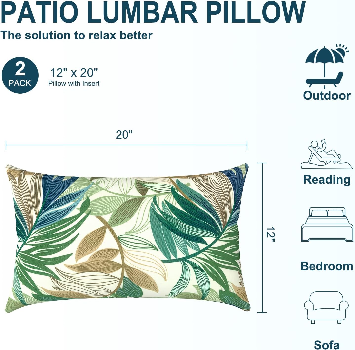 DYTXIII Pack of 2 Waterproof Outdoor Lumbar Pillow with Inserts, 12x20 in Rectangle Decorative Patio Throw Pillow for Home, Sofa,Bench and Patio Furniture, Lush Leaf Green