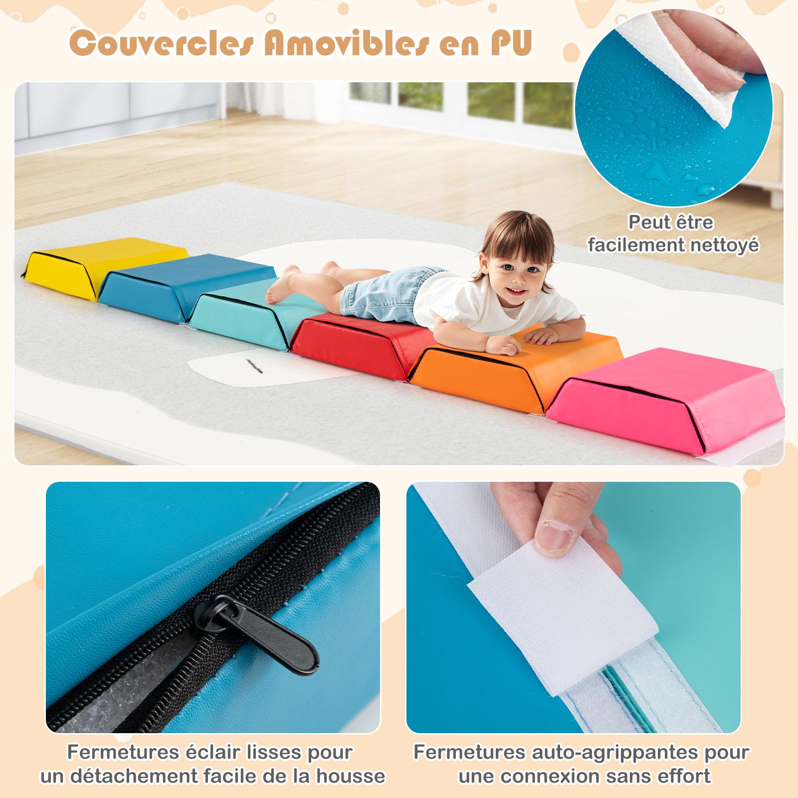 COSTWAY 3 en 1 Module Motricité Bébé en Mousse avec Housse en PU, Parcours Motricité Bébé 6 Pièces avec Attaches Auto-Agrippantes, Fosse à Balles Hexagonale pour Ramper Grimper, 12 Mois+