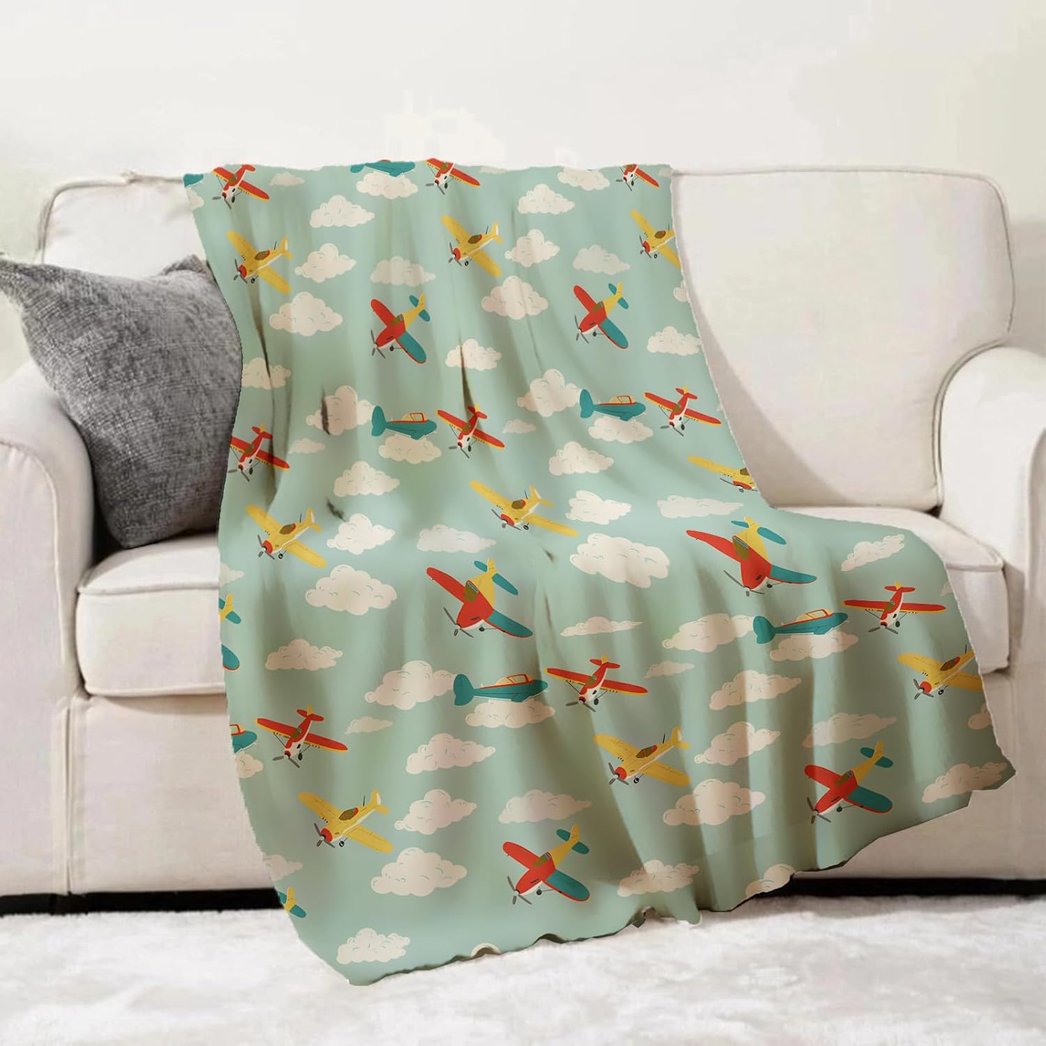 Airplane Throw Blanket for Adults Kids, 50x60 in, Cute Vintage Planes and Clouds Theme Flannel Blankets for Bedroom, Couch, Travel, Home Decor, Fuzzy Soft Cozy Warm Gifts