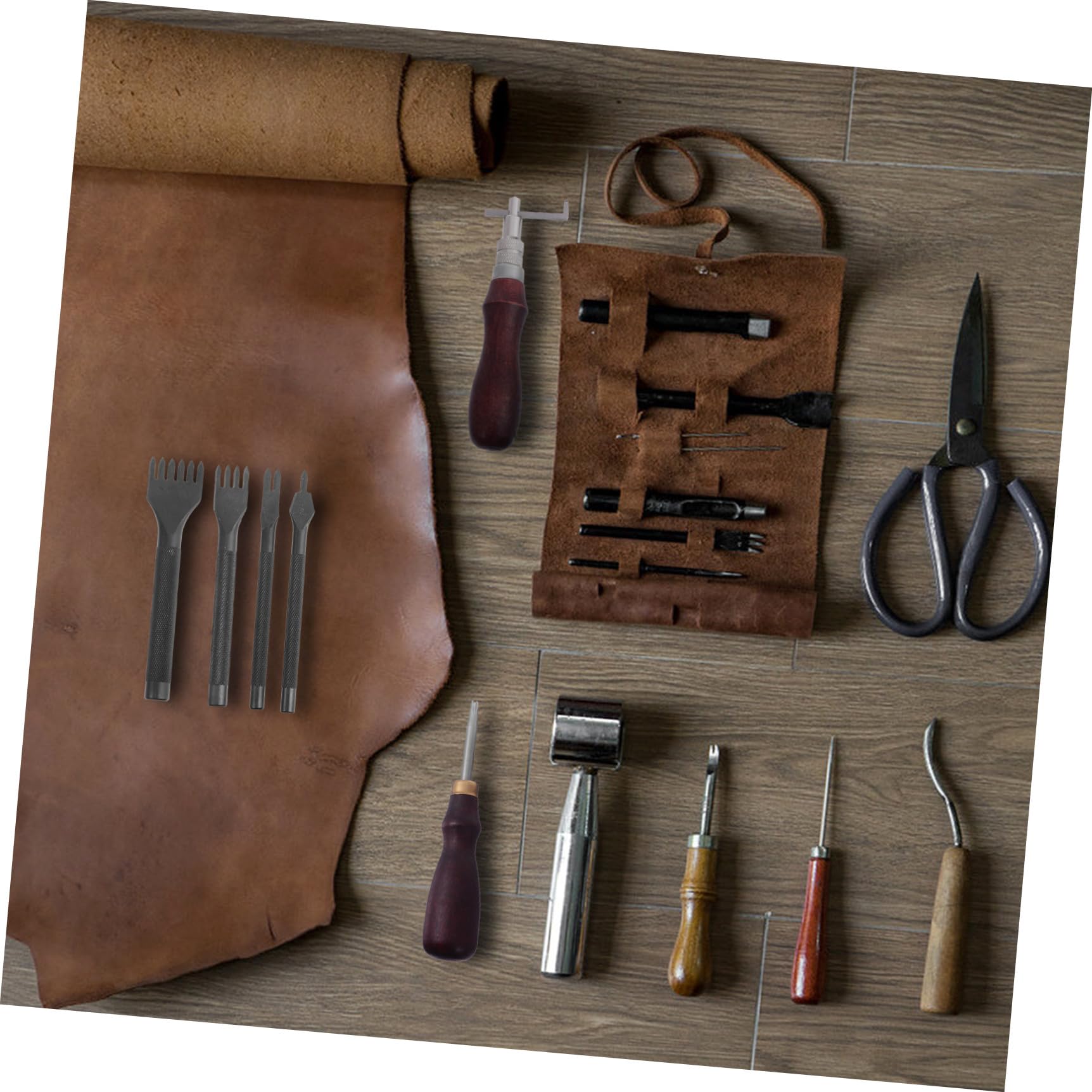 SEWOART Ensemble D'outils Travail du Cuir 18pcs Poinçon et Outils de Gravure en Métal et Bois pour Couture et Artisanat Cuir DIY