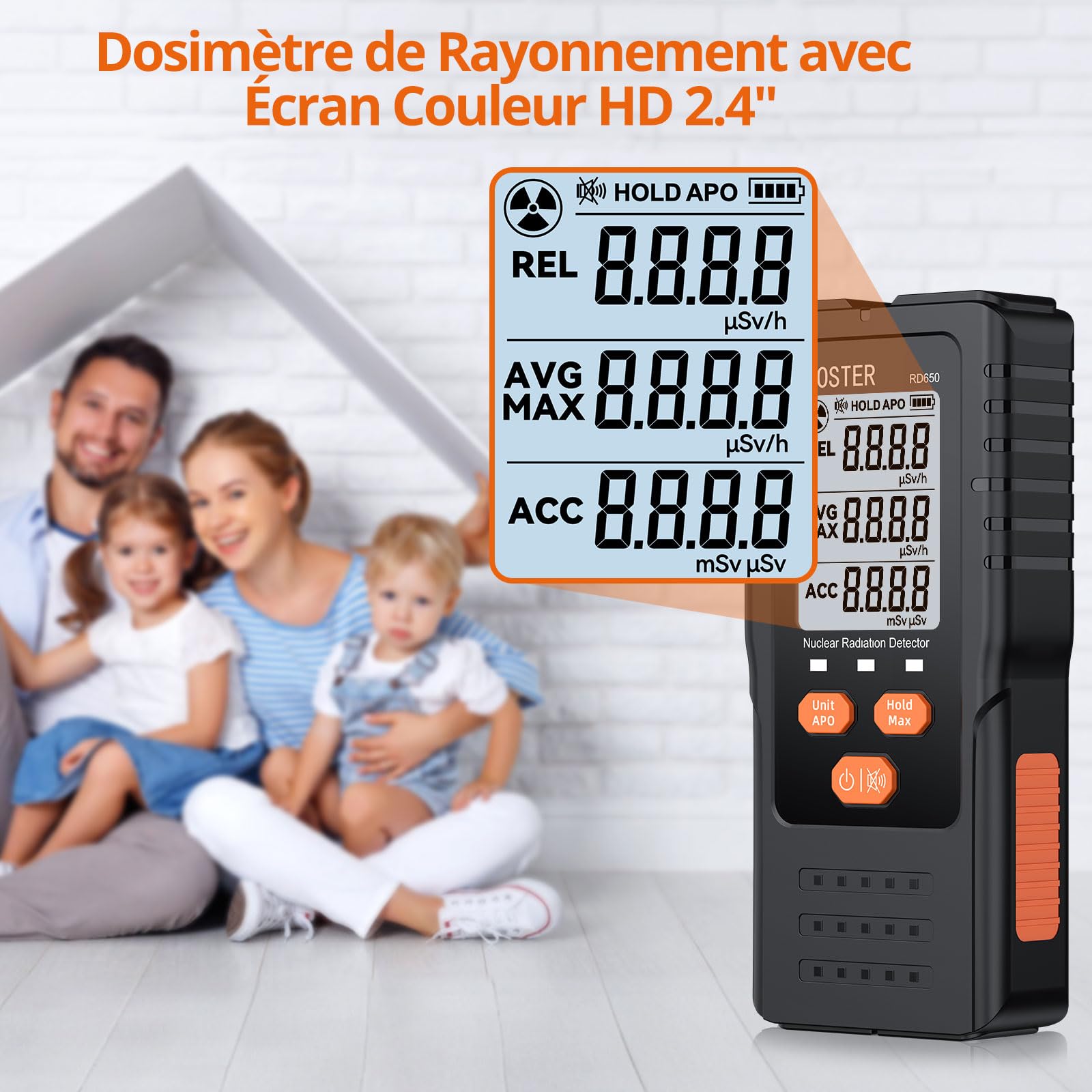 Proster Compteur Geiger Portable – Détecteur de rayons X, Gamma, Bêta avec Alarmes Sonore/Lumineuse, Écran Couleur HD 2.4", Dosimètre 0.00~9999µSv/h pour Maison, Laboratoire, Tests Environnementaux