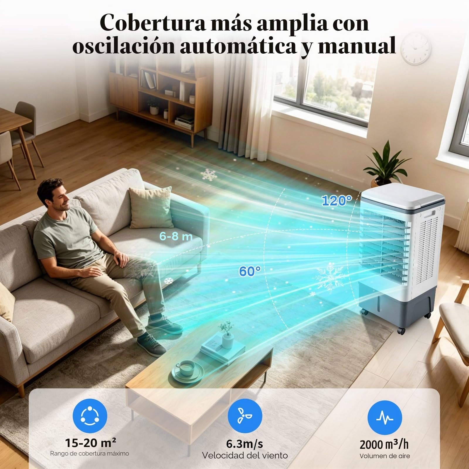 Climatizador Evaporativo 20L con Mando a Distancia y Bloques de Hielo, Ventilador de Agua Portátil, Oscilación de 90°, Temporizador, Enfriador de Aire de Alto Rendimiento para el Hogar