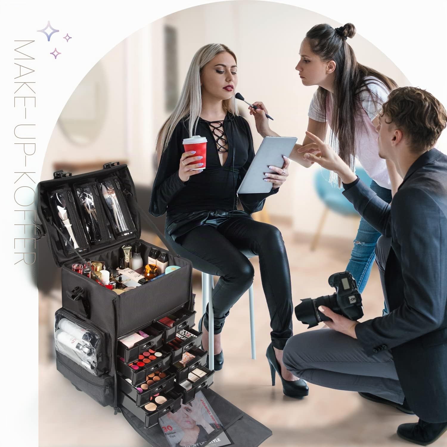Make up Koffer - Professionell Schminkkoffer | Kosmetikkoffer groß mit Aufbewahrungsschubladen und 2 in 1 Omnidirektionale Räder für Reise, Wasserdicht Nylon Material, Schwarz