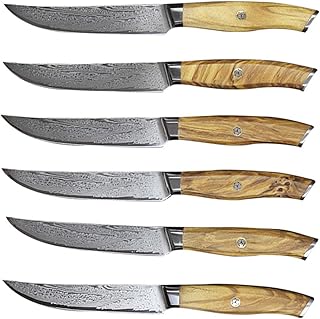 BMY Ensemble de Couteaux à Steak en Acier Damas Haut de Gamme de 73 Couches, Couteau Universel de 4,5 Pouces/Noyau en Acier Non dentelé/VG10+poignée en Bois d'olivier (Couleur : 6 pcs+Wooden Box)