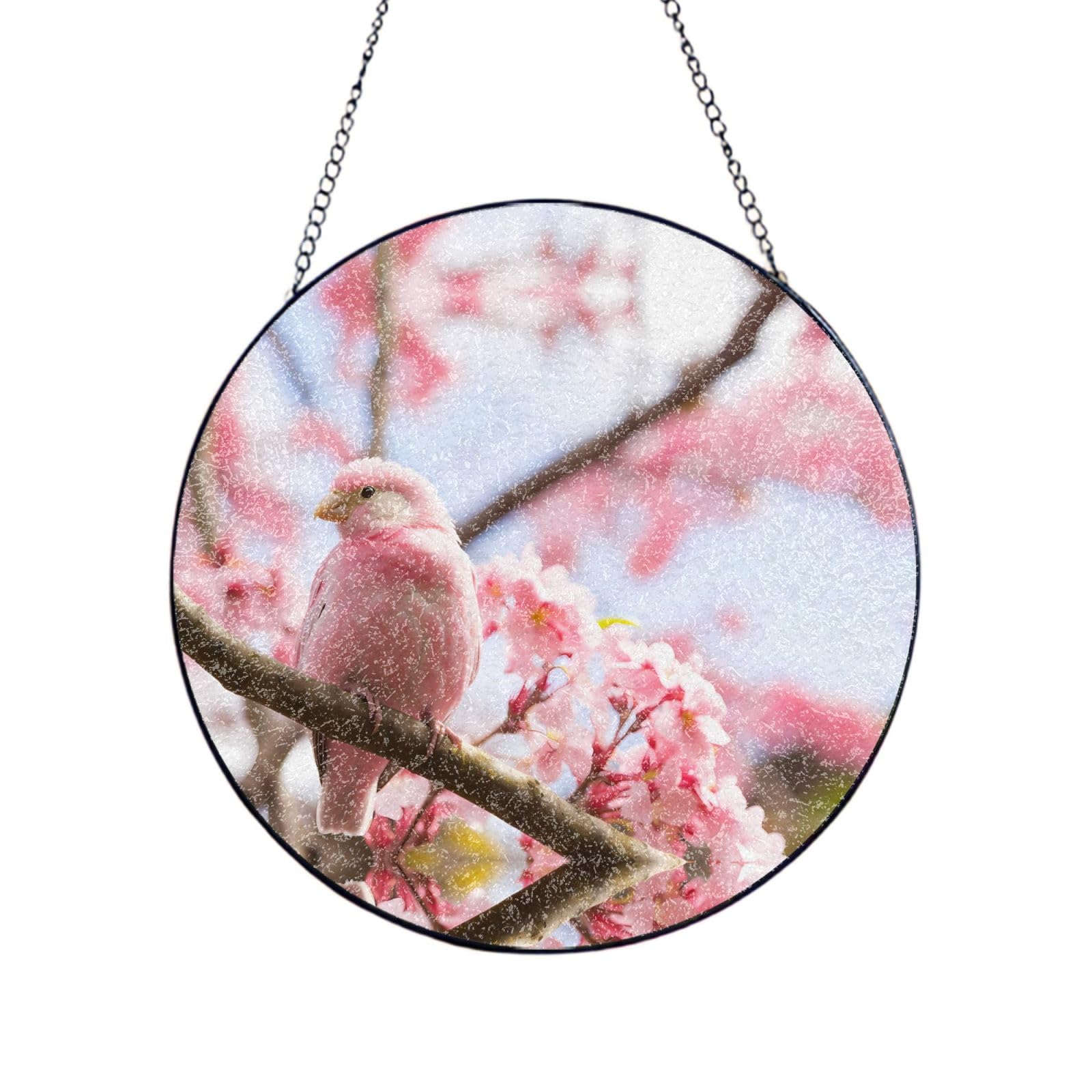 Poezjzw Stained Glass Window Hanging - Cherry Blossom And Bird Sun Catcher For Door Garden Home Decor Christmas Mother'S Day Birthday Gifts 4in（10cm）