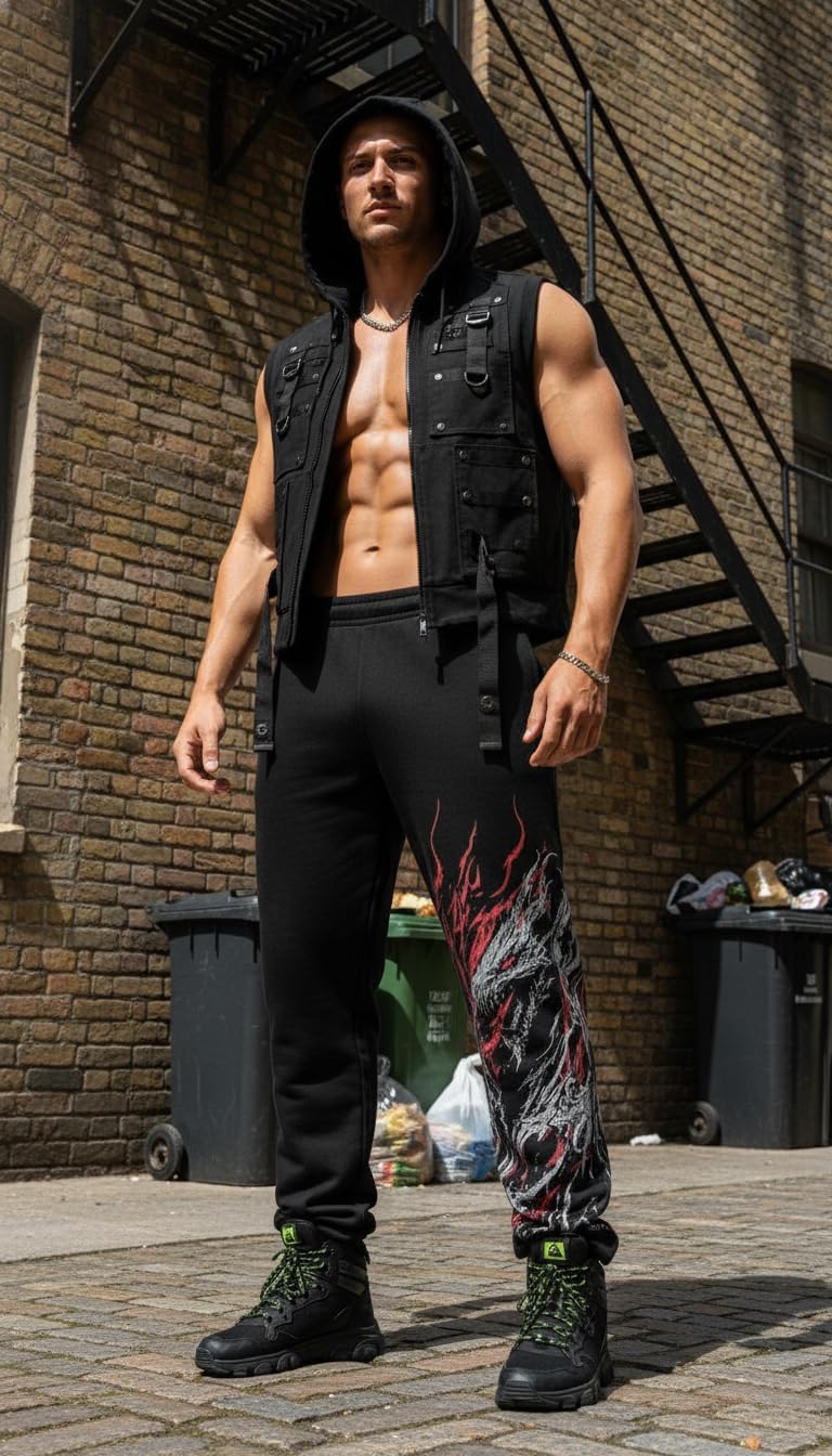 Men's Graphic Sweatpants Baggy Streetwear Joggers, Gothic Punk Hip Hop Lounge Pants with Pockets