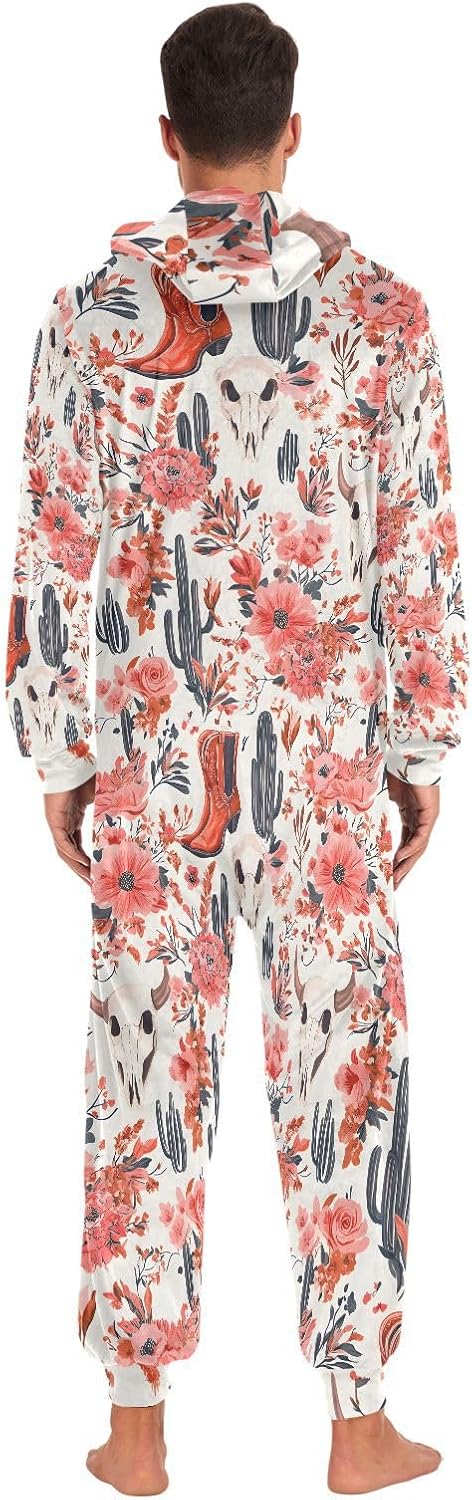 Western Cowboy Boots Cactus Red Adult Onesie Pajamas Novelty One Piece Costume Sleepwear Jumpsuits Matching PJS