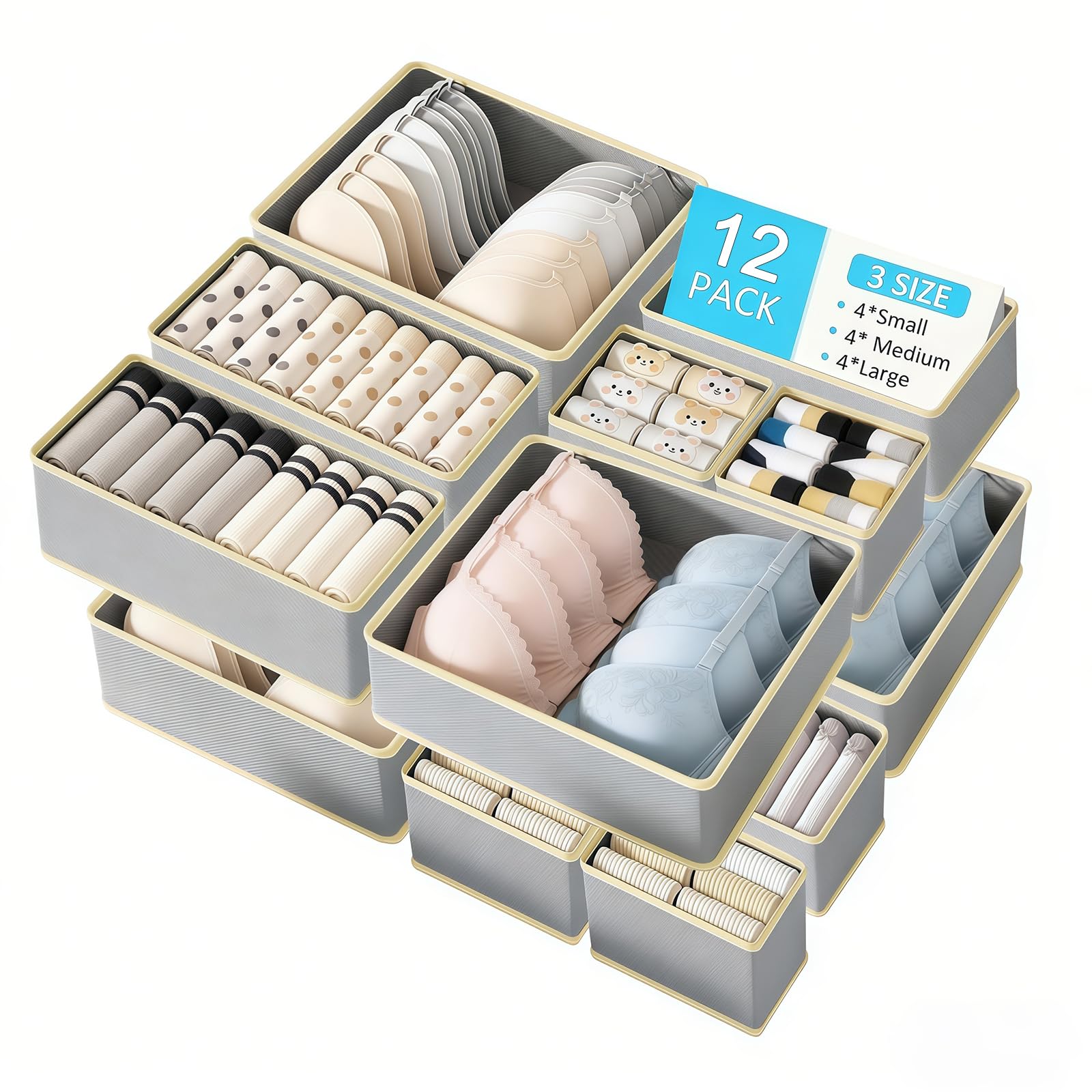 Boudoi Grey Drawer Organisers 12 Pack,Drawer Dividers Foldable Fabric Storage Boxes For Wardrobe Storage Organiser,Clothes Drawer Organisers Underwear,Socks,Bras,Clothing–Organiser For Bedroom(Gray