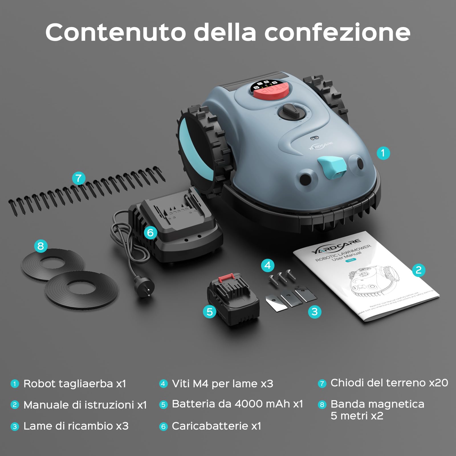 YARDCARE V100 Robot Tagliaerba senza Filo Perimetrale con Navigazione Visiva AI, senza RTK, Nessuna Perdita di Segnale, 150 Ostacoli, con Strisciamagnetica, Lame di Ricambio, Adatto a Piccoli Giardini